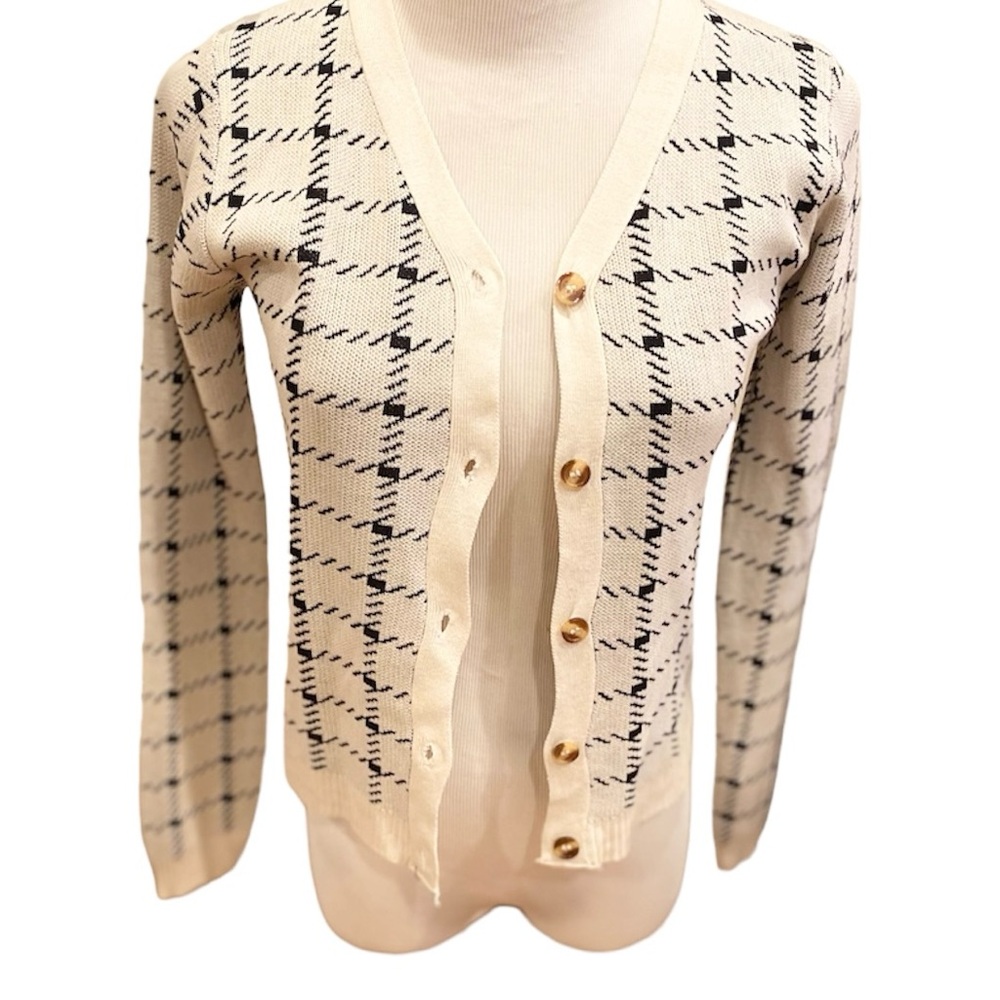Retro Plaid Windowpane Cardigan Sweater Oatmeal Ivory Black XS S Preppy